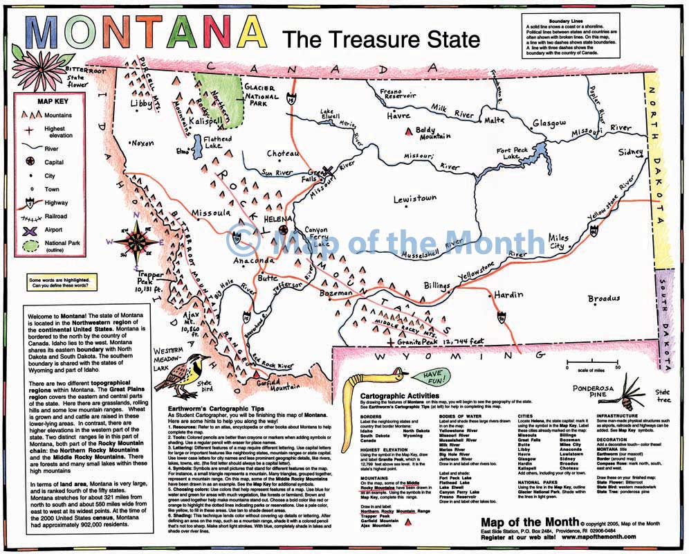 Montana map - Blank outline map, 16 by 20 inches, activities included