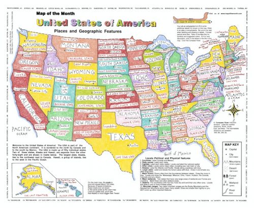 hand colored usa map poster with states, capitals and mottos